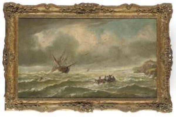 A Fishing Boat Off A Coastline Oil Painting by James Edwin Meadows