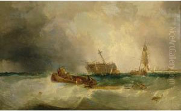 Fishing Boats Aiding A Dismasted Vessel Oil Painting by James Edwin Meadows