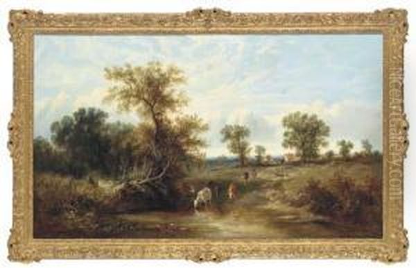 Rural Landscape With Cattle Watering Oil Painting by James Edwin Meadows