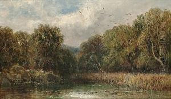 A River Landscape With A Figure Fishing Oil Painting by James Edwin Meadows