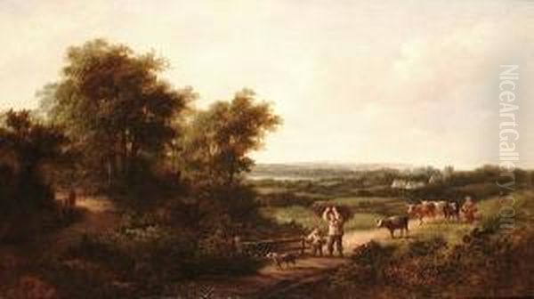 Figures And Cattle In An Extensive Landscape; A Herdsman And Cattle Oil Painting by James Edwin Meadows