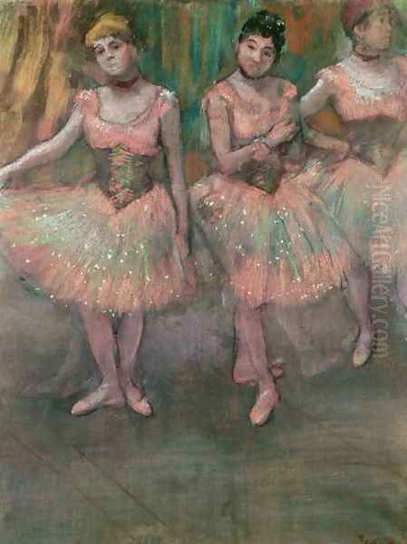 Dancers wearing salmon coloured skirts Oil Painting by Edgar Degas