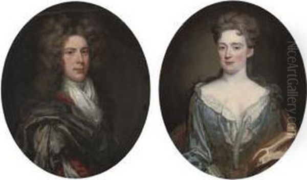 Portrait Of Thomas Mans[?], 
Bust-length, In A Red And Grey Robe With A White Cravat; And Portrait Of
 His Wife, Bust-length, In A Blue Dress With A Red Wrap Oil Painting by Sir John Baptist de Medina