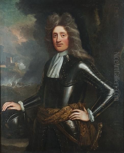 Portrait Of A Gentleman, 
Standing Three-quarter-length, In Armour, His Right Hand Resting On A 
Helmet, A View To A Cavalry Battle. Oil Painting by Sir John Baptist de Medina