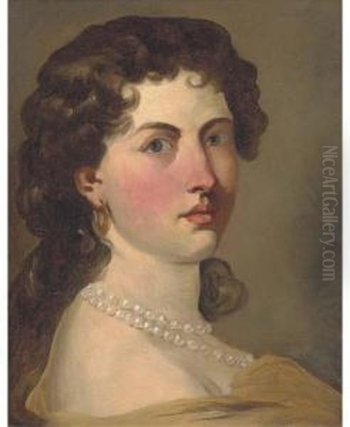 Portrait Of A Lady, Small Bust-length, Wearing A Yellow Wrap Andpearl Necklace Oil Painting by Sir John Baptist de Medina