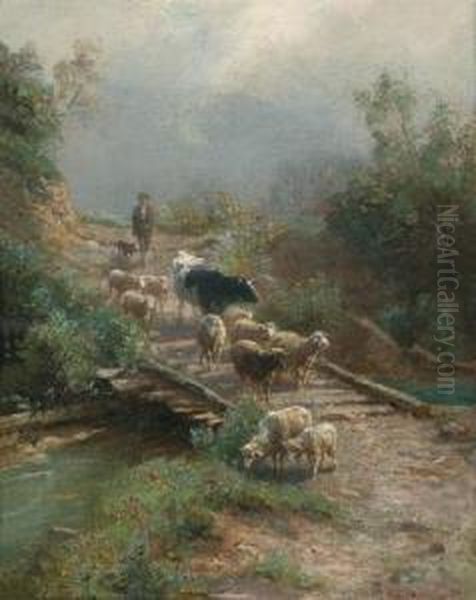 Shepherd Returning Home With His Flock Oil Painting by Emilie Mediz-Pelikan