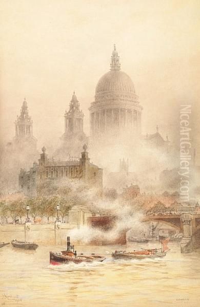 'st Paul's From The Thames' Oil Painting by Hubert James Medlycott