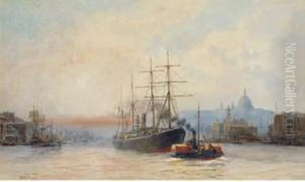 Towing Down River In The Pool Of London Oil Painting by Hubert James Medlycott