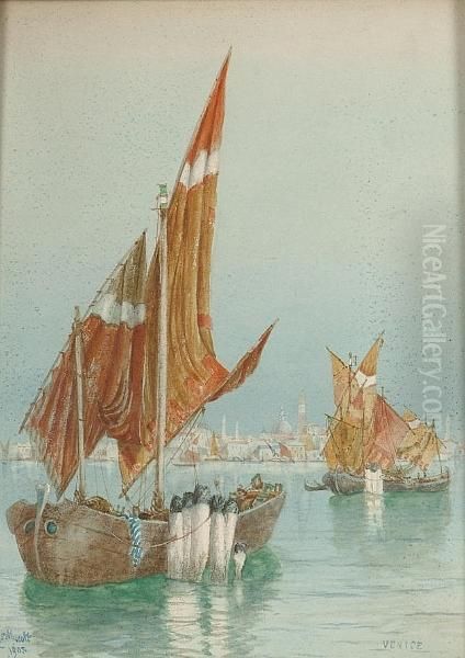 Boats On The Venetian Lagoon Oil Painting by Hubert James Medlycott