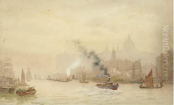 A View Of Westminster From The 
South Bank; And A View Of St. Paul's From Across The Thames Oil Painting by Hubert James Medlycott