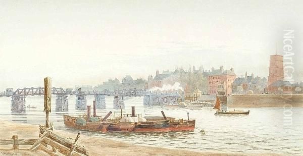 A View Of Battersea Bridge And Old Chelsea Church From The Southbank Oil Painting by Hubert James Medlycott