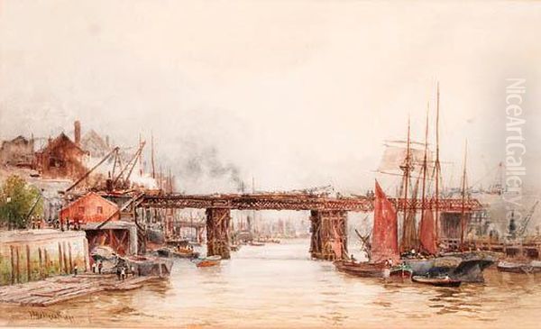 The Tower Bridge Works From The Tower Wharf, London Oil Painting by Hubert James Medlycott