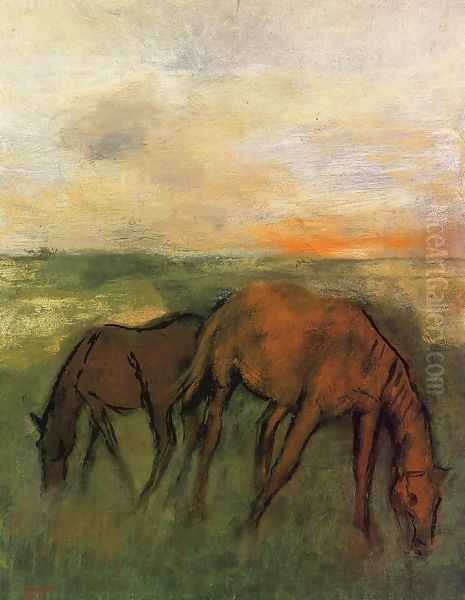 Two Horses in a Pasture Oil Painting by Edgar Degas