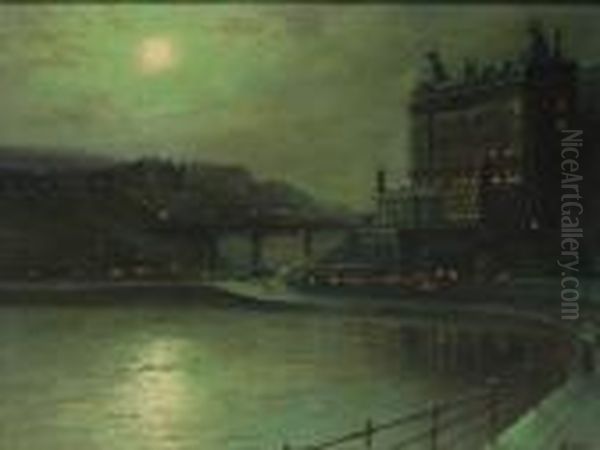 The Grand Hotel And Spa Bridge Scarborough By Moonlight Oil Painting by Walter Meegan