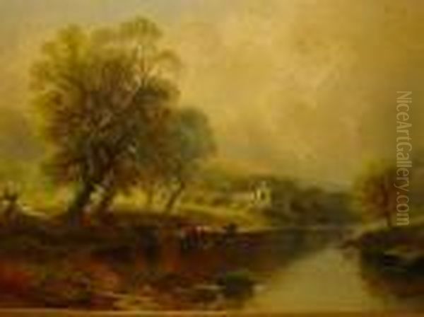 Cattle Watering At Bolton Abbey Oil Painting by Walter Meegan