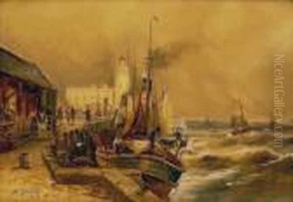 Steam Trawler Unloading On The West Pier Scarborough Oil Painting by Walter Meegan