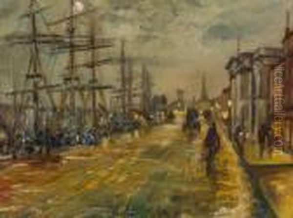 Moonlit Harbour Scene Oil Painting by Walter Meegan