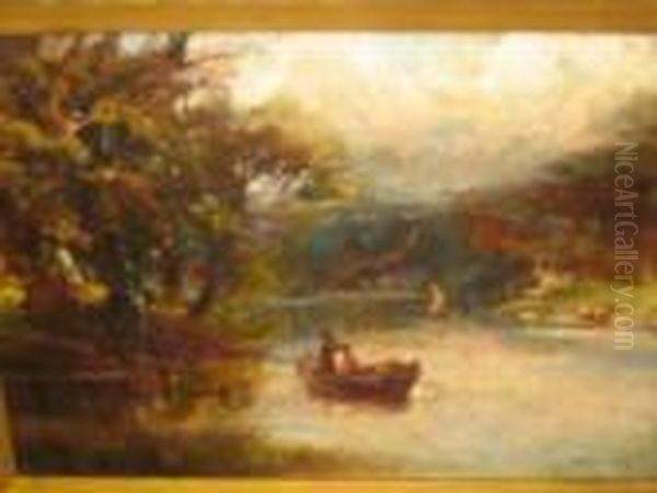 Lakescene With Fishing Boat In The Foreground Oil Painting by Walter Meegan