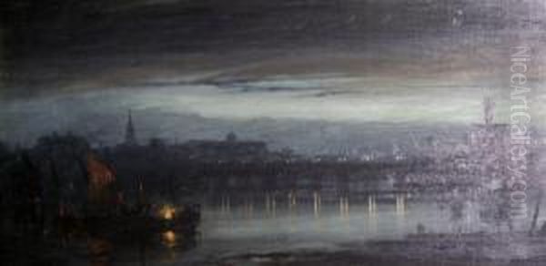 Old Waterloo Bridge Under Moonlight Oil Painting by Walter Meegan