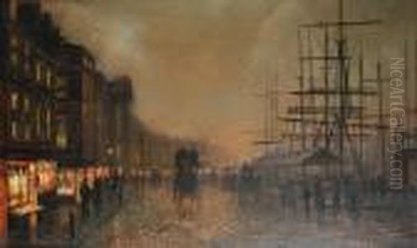 A Harbourside At Night, Believed To Beliverpool Oil Painting by Walter Meegan