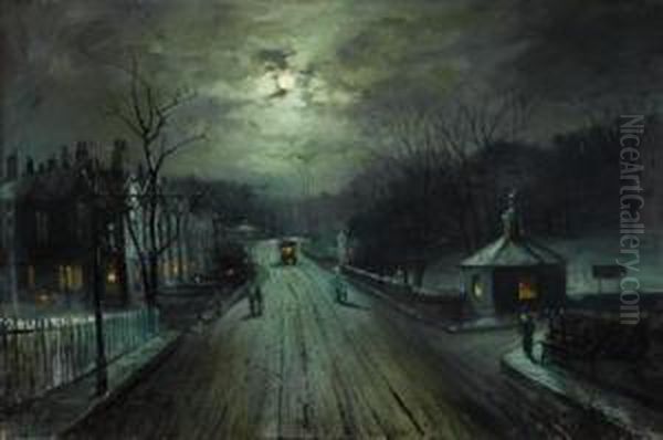 Moonlit Street Scene Oil Painting by Walter Meegan