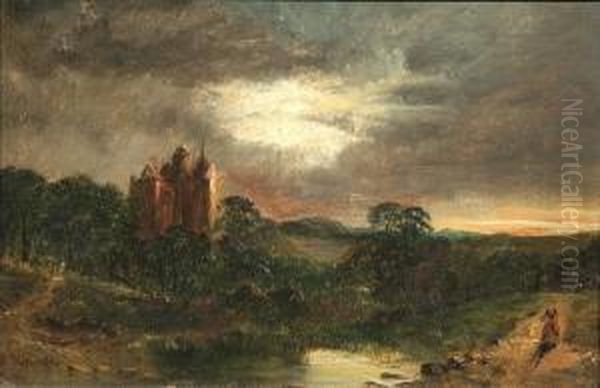 Castle In A Moonlit Landscape With A Figure Ona Path Oil Painting by Walter Meegan