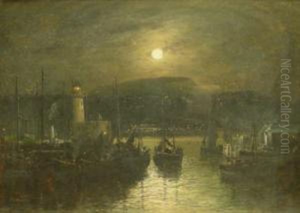 Scarboough Harbour By Moonlight Oil Painting by Walter Meegan