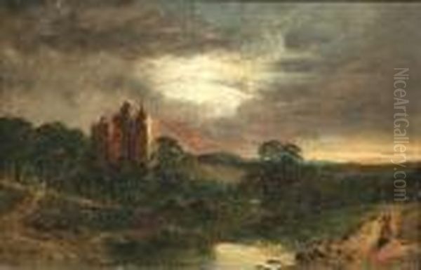 Castle In A Moonlit Landscape With A Figure On A Path Oil Painting by Walter Meegan