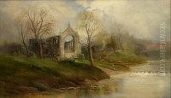 Ruined Abbey By The River Oil Painting by Walter Meegan