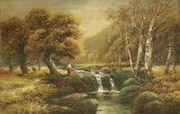 Figures By A Woodland Stream Oil Painting by Walter Meegan