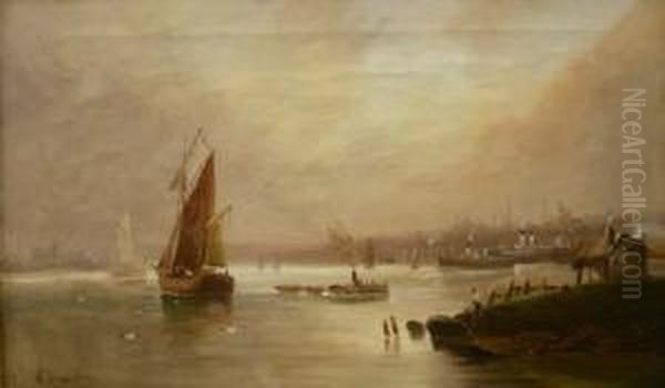 Estuary With Steam And Sailing Boats Oil Painting by Walter Meegan