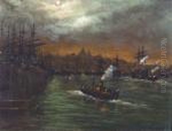 A Busy Harbour Scene At Moonlight Oil Painting by Walter Meegan