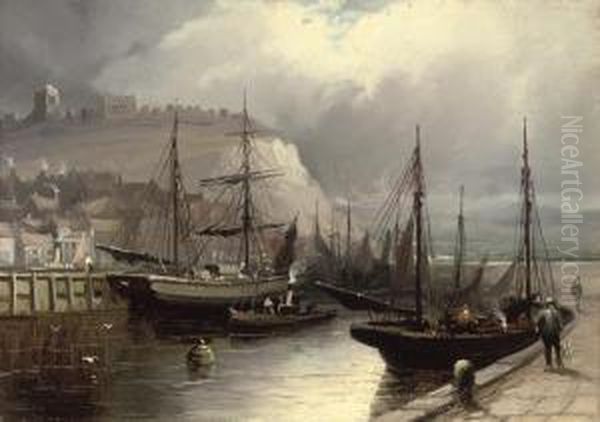 The Fishing Fleet In The Harbour At Whitby Oil Painting by Walter Meegan