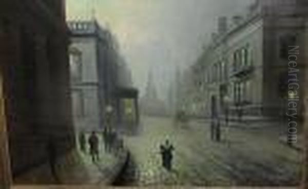 A View Of Park Row, Leeds By Moonlight With Figures Oil Painting by Walter Meegan