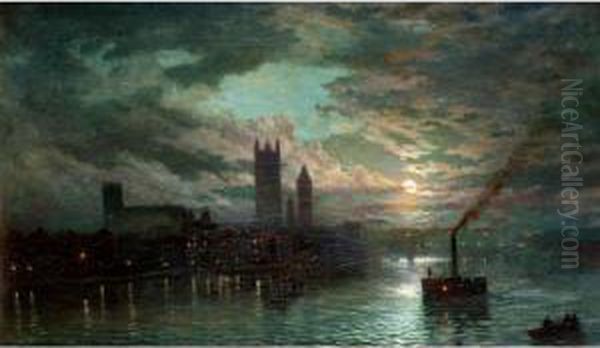 The Thames At Night Oil Painting by Walter Meegan