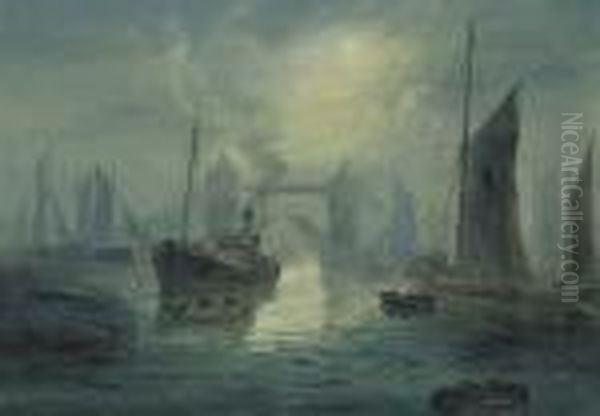 Shipping On The Thames At Night Oil Painting by Walter Meegan