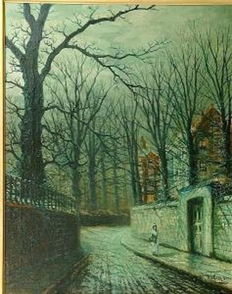 A Moonlit Street Scene Oil Painting by Walter Meegan