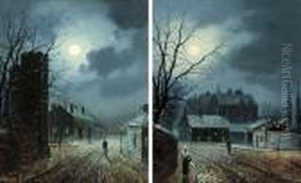 Moonlit Street Scenes Oil Painting by Walter Meegan