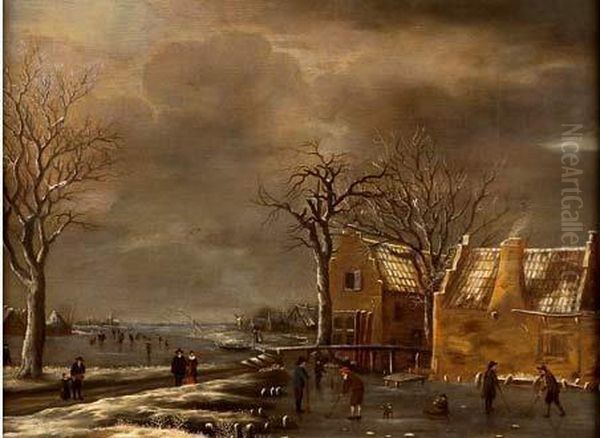 Paysage D'hiver Aux Patineurs Oil Painting by Jan Meerhout