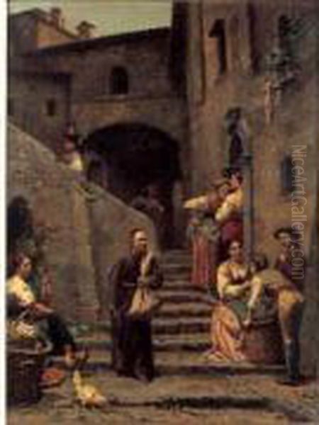 Personnages Dans Un Village En Italie, 1875 Oil Painting by Frans Meerts