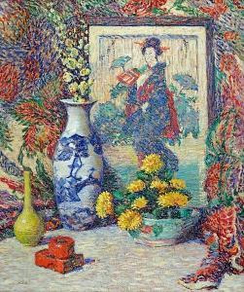 Still Life Of Vases, Crysanthamums, And Ajapanese Print Oil Painting by Lillian Burk Meeser