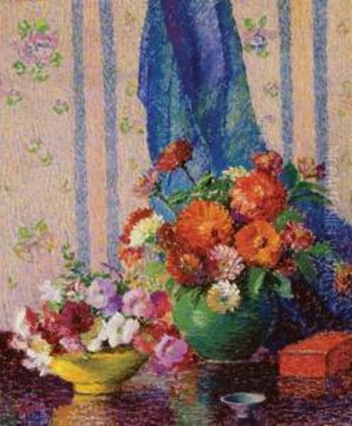 ''zinnias And Petunias'' Oil Painting by Lillian Burk Meeser