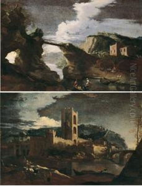 Lotto Unico Di Due Dipinti Raffiguranti ?paesaggio Con
 Ponte? E ?paesaggio Con Torri E Ponte? (?firenze A San Oil Painting by Lieven Mehus