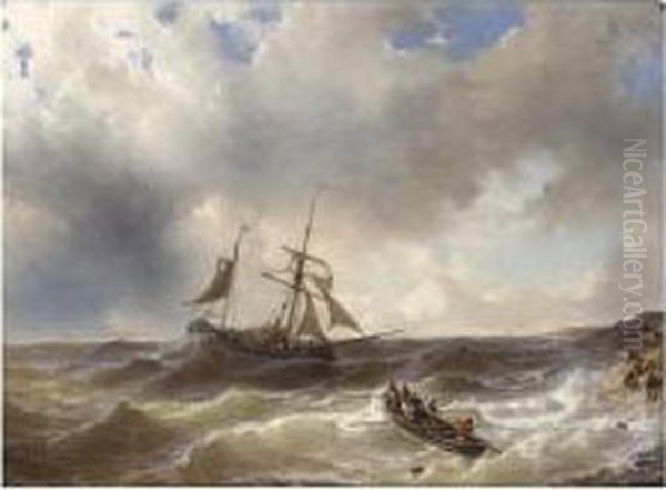 A Two-mast Near The Coast In Choppy Seas Oil Painting by Louise Meyer