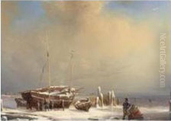 Figures Repairing A Boat On A Frozen Waterway Oil Painting by Louise Meyer