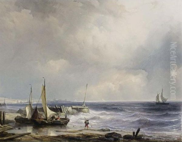 Sailing Vessels On The Shore With Katwijk In The Background Oil Painting by Louise Meyer