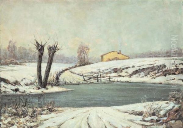 Inverno In Riva Al Lago Oil Painting by Guido Meineri