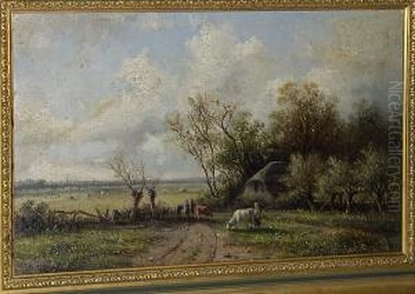 Figures And Cattle On A Rural Track Oil Painting by Claas Hendrik Meiners