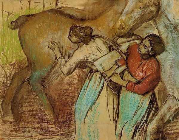 Two Laundresses and a Horse Oil Painting by Edgar Degas