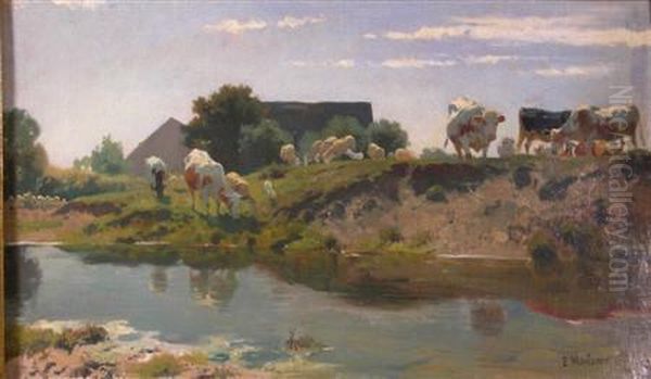 Cattle By A Stream Oil Painting by Ernst Adolf Meissner